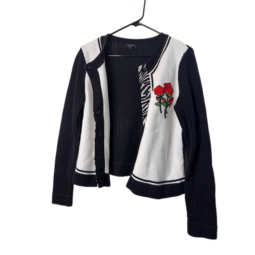 Carlisle Womens Cardigan Black White Rose Zebra Button Front‎ Knit Large $502